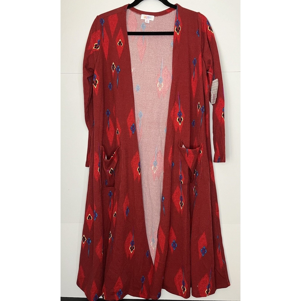 Lularoe Women's Sarah Cardigan Medium Open Long Duster Red Blue Aztec Geometric